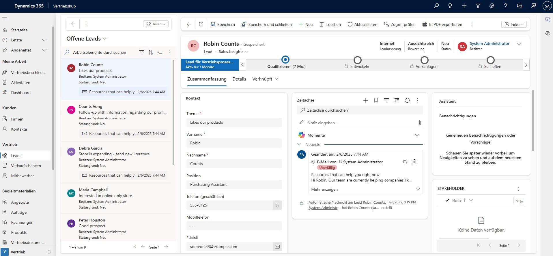 Screenshot von Microsoft Dynamics 365 Sales mit Leadübersicht und Kontaktinformationen für strukturiertes Leadmanagement.