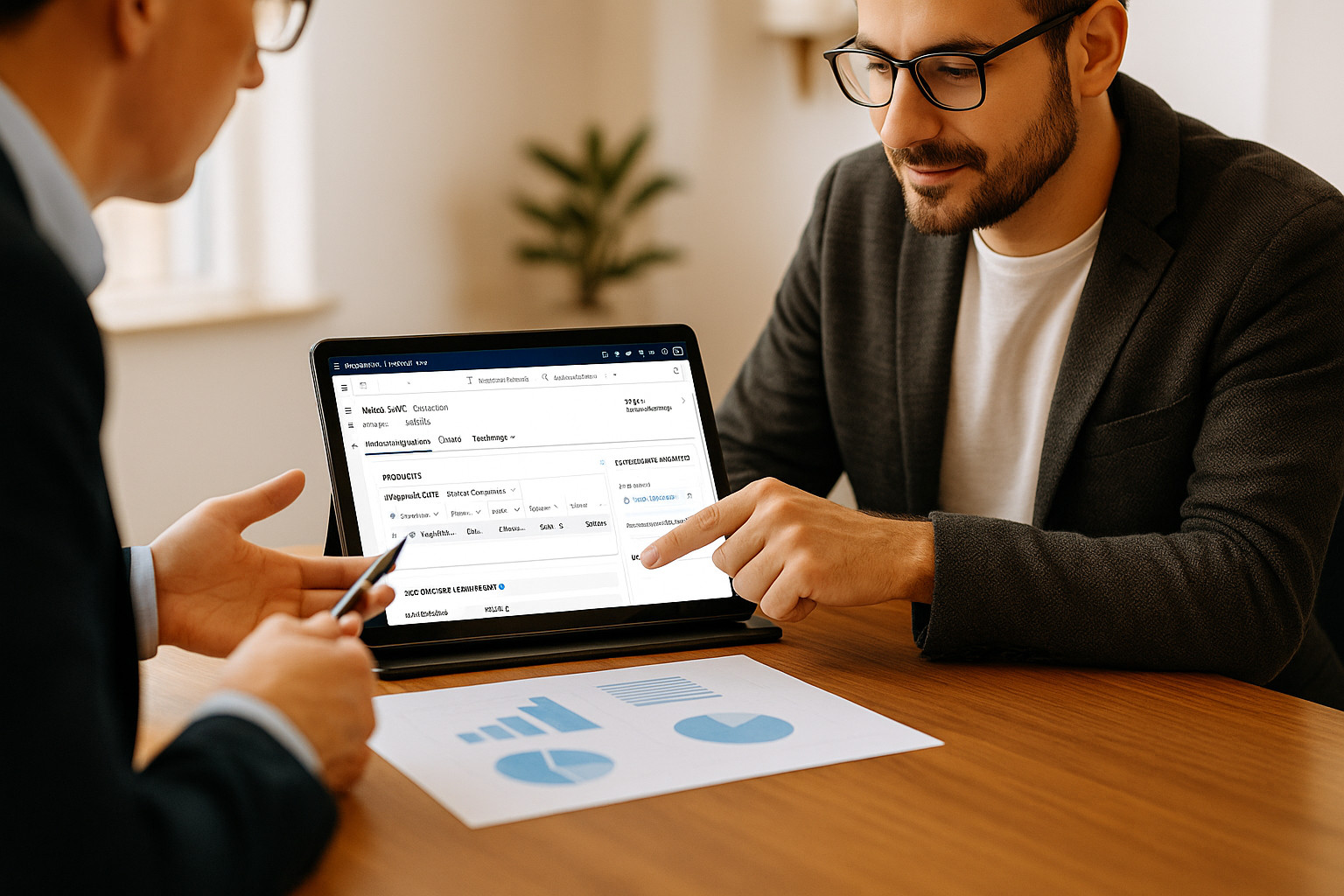 Zwei Geschäftspartner prüfen Angebotserstellung mit Microsoft Dynamics 365